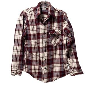 Vtg 80s Prentiss Outdoors Red Cream Plaid Thick Flannel 1980s Shirt Jacket Small